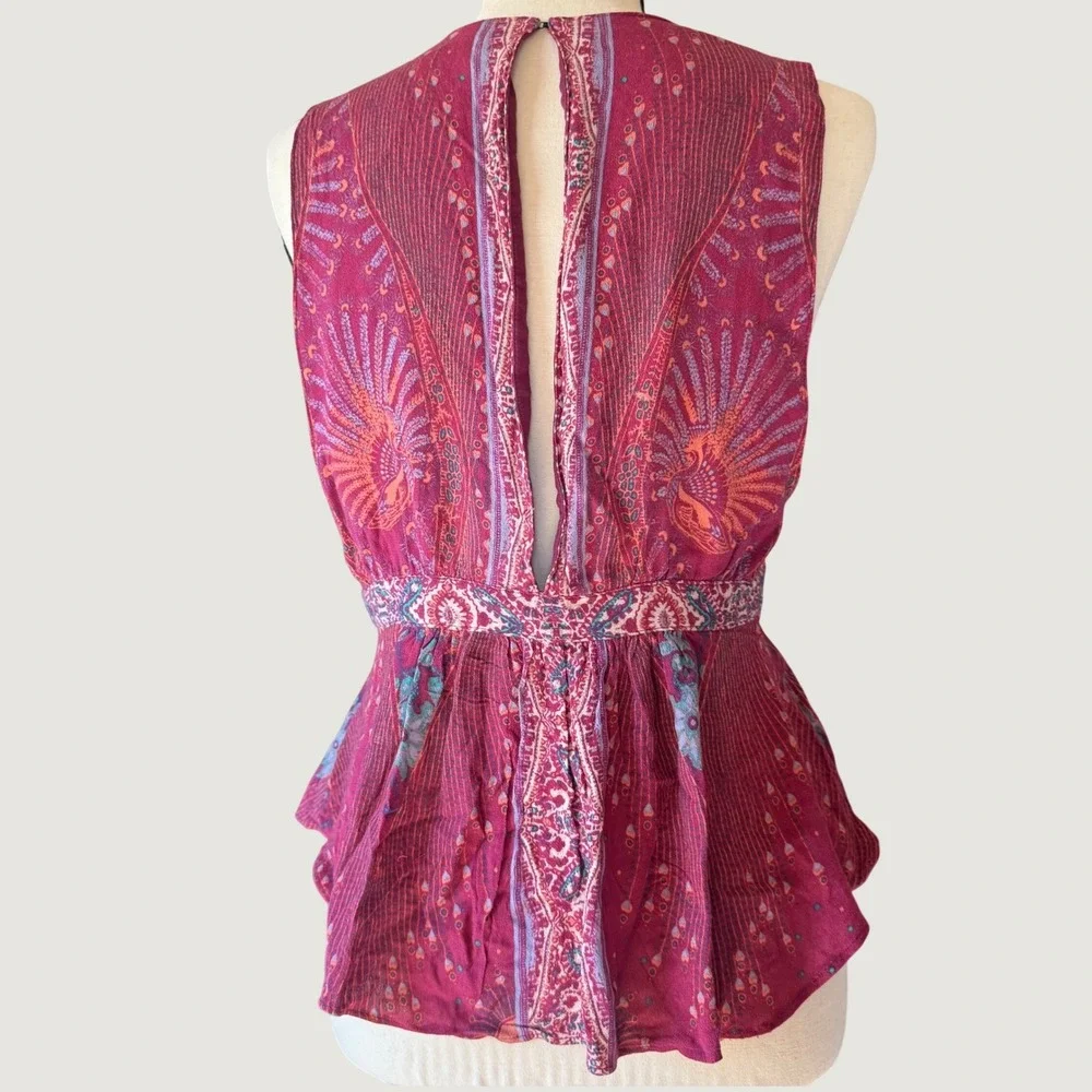 Free People Peplum Top Womens S Burgundy Paisley Sleeveless Boho V-Neck